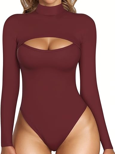 MANGOPOP Mock Neck Cutout Front T Shirt Long Sleeve Short Sleeve Bodysuit for Women