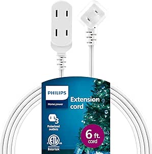 Philips 3-Outlet Extension Cord with Multiple Outlets, 6 Ft Flat Plug Extension Cord, Indoor Extension Cord with Safety Slide, Short Extension Cord, 2 Prong White Extension Cord ETL Listed SPS3613W/37