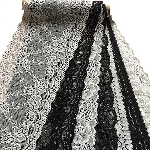 LaceRealm 7 Inch Assorted Black and White Embroidery Floral Stretchy Lace Elastic Trim Fabric for Garment and DIY Craft Supply- 8 Assorted Patterns,1 Yard Each