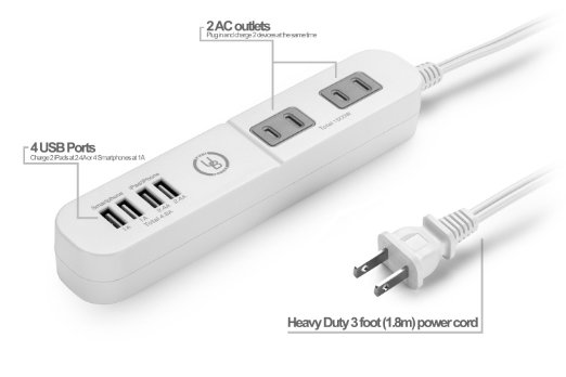 Yubi Power Compact Power Strip Surge Protector with 4 USB Ports Total of 48A and Dual 100-240V Outlets  3 Feet Long Cord