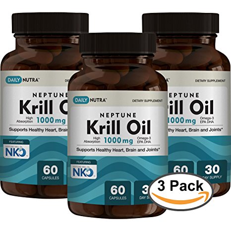 Neptune Krill Oil 1000mg High Absorption Omega-3 EPA DHA & Astaxanthin. Pure and Sustainable. Clinically shown to supports healthy heart, brain and joints (180 Softgel Capsules)