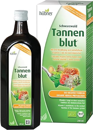 Hubner Tannenblut Organic Herbal Preparation, Honey Cough Syrup, Cold and Sore Throat Support, Soothing Relief, Vitamin C Supplement for Adults and Kids 4 and Older, Kosher and Alcohol-Free, 250 ml