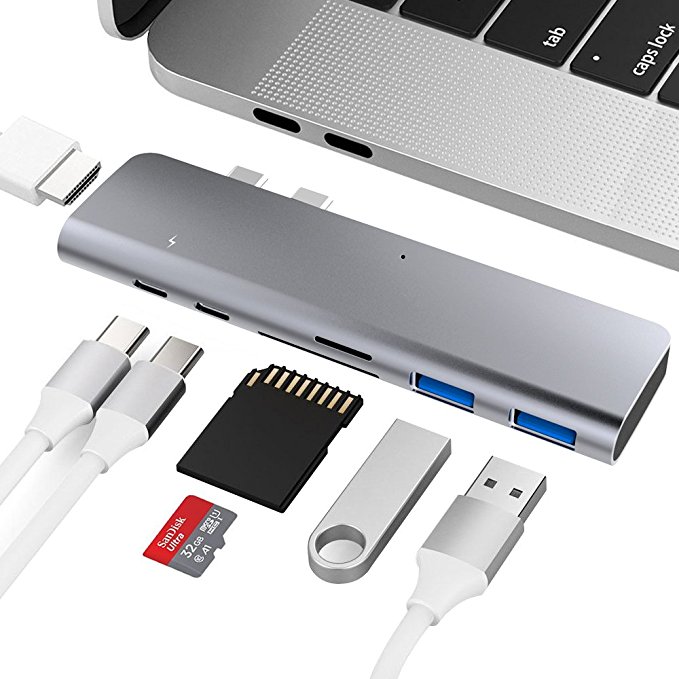 USB C Hub, 7 in 1 Type C Hub with HDMI, Thunderbolt 3 Port, Type C Charging Port, 2 x USB 3.0 Ports, SD and Micro SD Card Reader for MacBook Pro