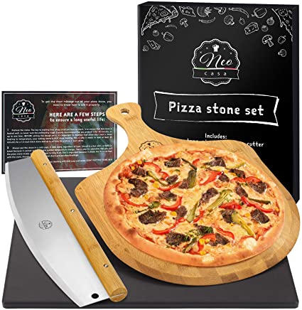 NeoCasa Black Ceramic Pizza Stone Pan Set with Bamboo Pizza Peel & Pizza Cutter - Baking Stones for Oven, Grill & BBQ - Stainless & Nonstick