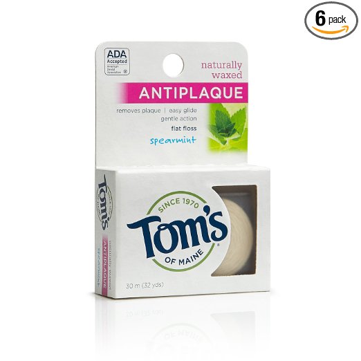 Tom's of Maine Natural Waxed Antiplaque Flat Floss, Spearmint, 32 Yards, Pack of 6