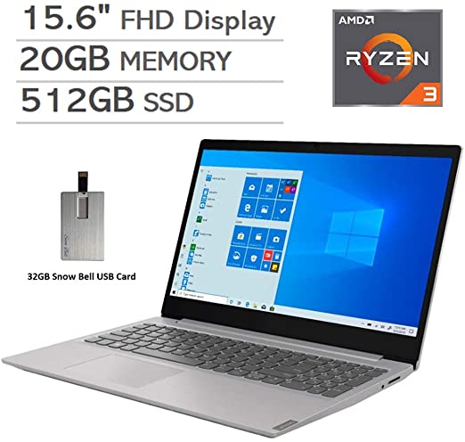 2020 Lenovo IdeaPad 15.6" FHD Laptop Computer, AMD Ryzen 3-3200U Processor, 20GB RAM, 512GB PCIe SSD, Dolby Audio, AMD Radeon Vega 3 Graphics, Webcam, HDMI, Win 10 S, Gray, 32GB Snow Bell USB Card