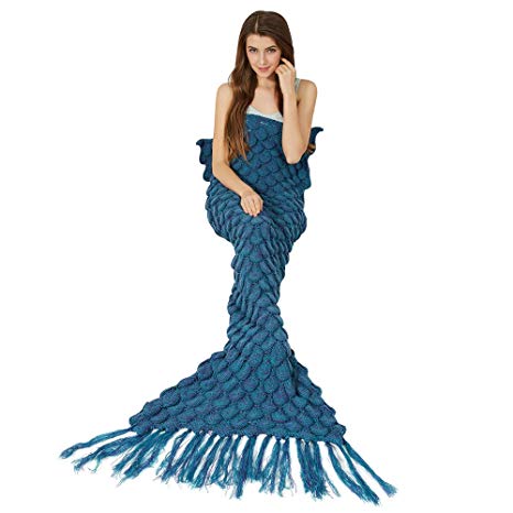 YEAHBEER Mermaid Tail Blanket for Adult,Cozy Super Soft All Seasons Sleeping Blankets,Mermaid Blanket Best Gifts for Girls-Women(71"x 32") (Tassel Tail Blue)