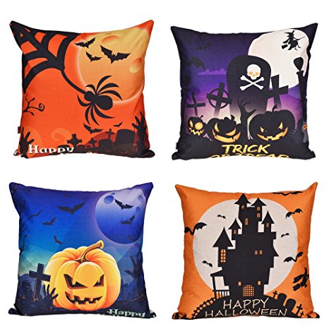 Antner 4 Pack Happy Halloween Cotton Linen Square Home Decor Throw Pillow Case Cushion Cover