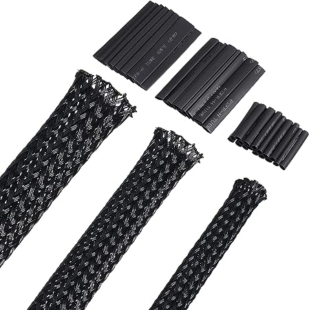 50ft PET Expandable Braided Cable Sleeve, Wire Loom Wire Braid Sleeving with 127 Pieces Shrink Tube for Audio Video and Other Home Device Cable Automotive Wire (Black,1 Inch, 3/8 Inch, 1/4 Inch)