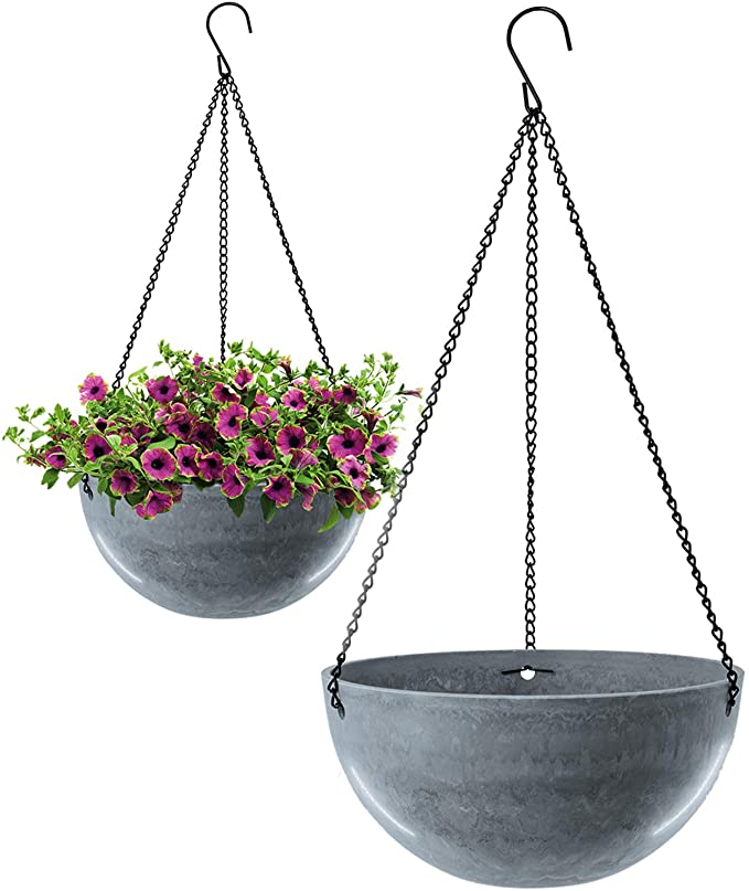 Plastic Hanging Planters, wiwoo 10 Inch Hanging Pots with Drainage Hole and Plugs, Round Hanging Baskets Plant Containers with Chain for Plants Flowers Indoor Outdoor Garden Decoration (2 Pack, Blue)