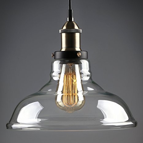 1 Light Industrial Glass Pendant Light, Edison Vintage Style Clear Transparent Hanging Lampshade, Kitchen, Dining Room, Restaurant, Café, 2 YEARS WARRANTY