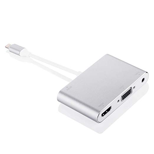 SUMBOAT Lightning to HDMI VGA Adapter Plug and Play HDMI/VGA/Audio/AV Multiport Digital Adapter for iPhone X/8/8 Plus/7/7 Plus/6/6 Plus/6S/Apple iPad（silver）