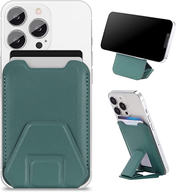 Magnetic Card Wallet Holder for Apple Magsafe, Magnetic Stand Card Holder Magsafe for iPhone 14/12/ 13 Pro/Max Magsafe Wallet, Mag Safe Leather Wallet for Back of iPhone 13/14 iPhone 12 Series, Green