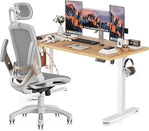 GABRYLLY Ergonomic Office Chair White with Flip Up Arms and Height Adjustable Standing Desk - 55x24 Inches, Natual