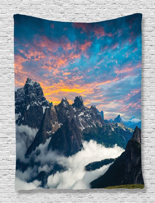 Ambesonne Above Clouds Photography Decor Collection, Alpine Alp Mountains Scenery and Foggy Evening Picture, Bedroom Living Kids Girls Boys Room Dorm Accessories Wall Hanging Tapestry, Brown Orange