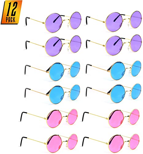 Skeleteen Tinted Round Hippie Glasses – Pink Purple and Blue 60's Style Hipster Circle Sunglasses - 12 Pairs