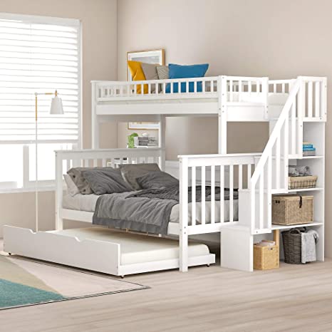 Twin Over Full Bunk Bed Frame for Kids, Mission Style Wood Twin Over Full Size Bed Frame with Trundle and and Storage