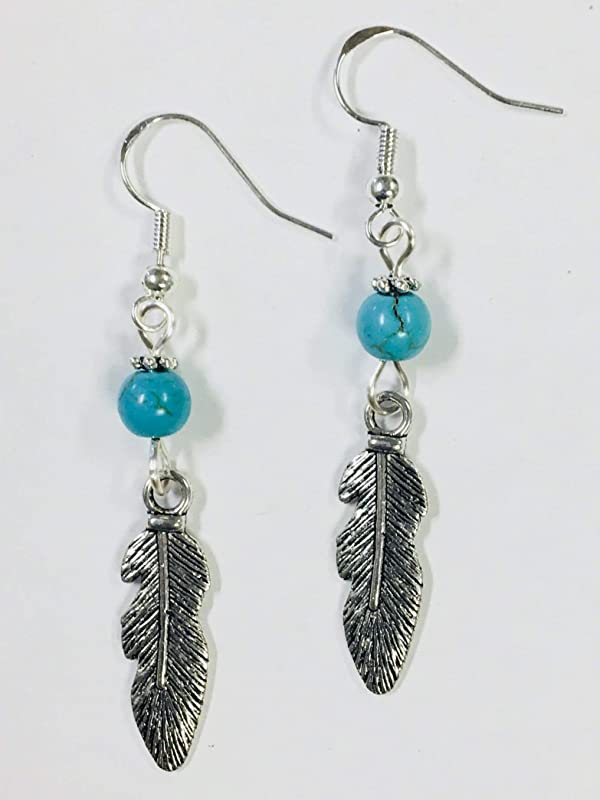 Petite Turquoise Feather Charm Earrings, on sterling silver earwires