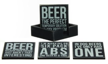 Primitives By Kathy Wooden Drink Coaster/ Four Different Beer Themed in Wooden Holder