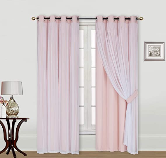 ECM. Catarina Layered Solid Blackout and Sheer Window Curtain Panel Pair with Grommet Top 2 Layered (Rose Blush, 2PC 52" x 108")