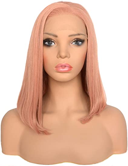 BLUPLE Short Bob Style Lace Front Wigs Orange Pink Natural Straight Synthetic Hair Side Part Heat Resistant Synthetic Full Wig for Women Girls 14 inches