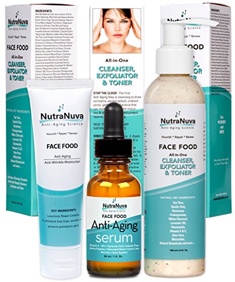 NutraNuva Face Food Natural Skin Care – Stop-the-Clock! Bundle with our Anti Aging Anti Wrinkle Moisturizer + Anti Aging Serum Complex with 20% C + All-in-One Cleanser, Exfoliator & Toner (3 Items)