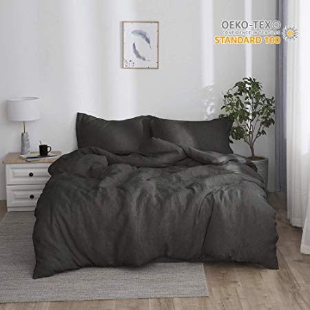 Simple&Opulence 100% Linen Stone Washed 3pcs Basic Style Solid Duvet Cover Set (Twin, Dark Grey)