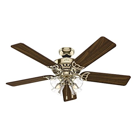 Hunter 53066 Studio Series 52-Inch Ceiling Fan Finish with Five Walnut/Medium Oak Blades and Light Kit, Bright Brass