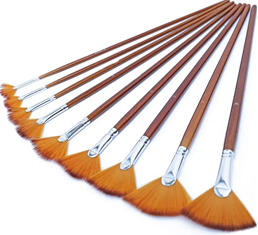Fan Brushes Fan Art Paintbrushes Artist Soft Anti-Shedding Nylon Hair Paint Brush Set for Acrylic Watercolor Oil Gouache Painting Long Handle (9pcs Fan Brush Set)
