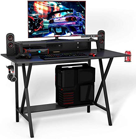 Casart Gaming Desk for Gamers, Gaming Computer Workstation with Cup & Headphone Holder, Multifunctional Writing Desk for Home and Office