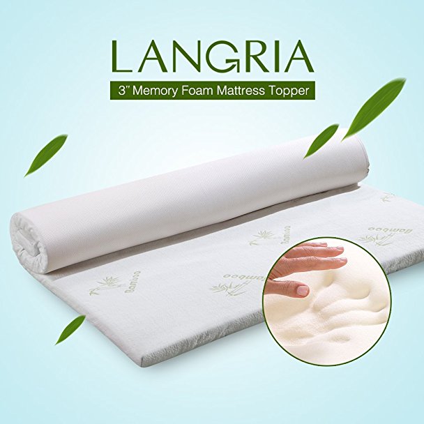 LANGRIA 2-Inch Queen Memory Foam Mattress Topper CertiPUR-US Certified with Removable Zippered Hypoallergenic Bamboo Cover and Non Slip Bottom