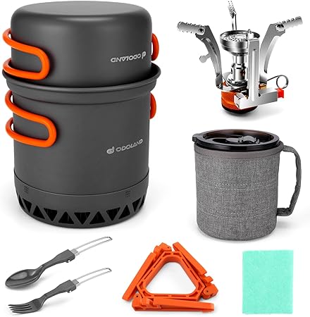 Odoland Outdoor Camping Cookware Kit, Cooking Heat Exchange Non Stick Pot with Gas Stove, Canister Stabilizer，Backpacker Mug for Backpacking, Hiking and Picnic for 1 to 2 People