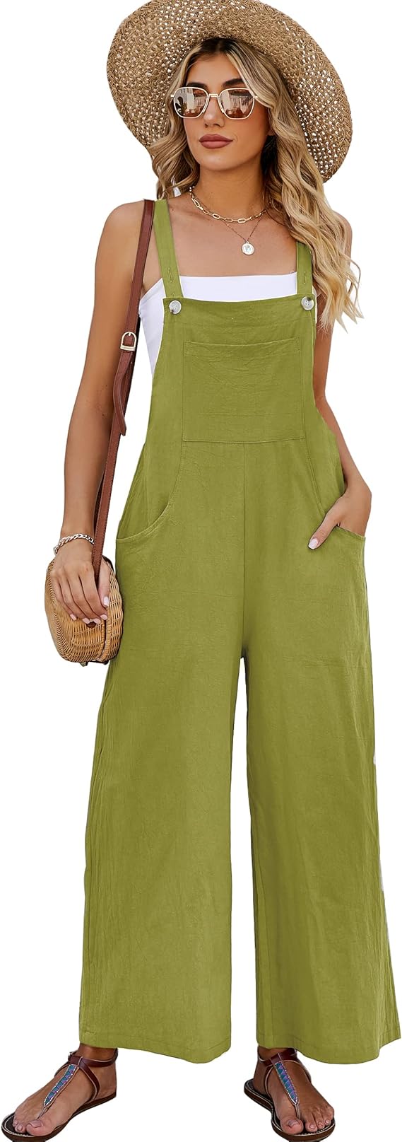 COZYPOIN Women's Cotton Bib Overalls Wide Leg Loose Fit Jumpsuit Baggy Fashion Sleeveless Rompers