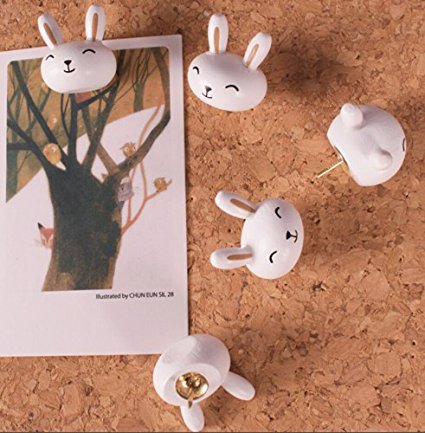 Cute 3D Cartoon Wooden Rabbit Head Pushpins for Corkboard / Decrorative Thumb Tacks Set of 5 PCS