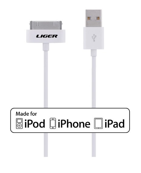 Apple MFI Certified, Liger Apple Certified USB Sync & Charge Cable (3.4 Feet) Made for iPhone 4 iPhone 4S iPad 2 iPad 3 iPod touch iPod nano iPhone 3 iPhone 3GS (White)