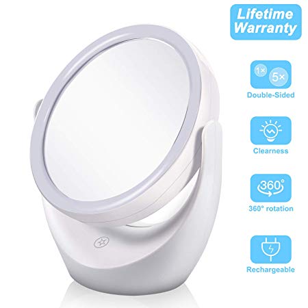 LED Lighted Makeup Vanity Mirror Rechargeable,1X & 5X Magnification Double Sided 360 Degree Rotation Magnifying Mirror with Dimmable Touch Screen,Portable Tabletop Light up Cosmetic Mirrors-White