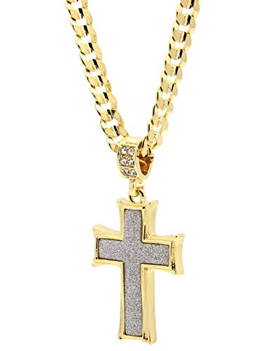 Mens Gold Tone Stardust Curved Cross Thick Pendant Hip-hop 6mm 24" Cuban Chain Necklace