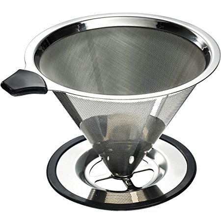 Stainless Steel Pour Over Coffee Cone Dripper With Cup Stand- Perfect for Manual Brewing - Ultra Fine Micro Mesh Filter - Paperless and Reusable - BONUS: Coffee Scooping Spoon   Cleaning Brush.