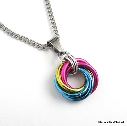 Pansexual pride pendant, chainmail love knot; pink, yellow, light blue