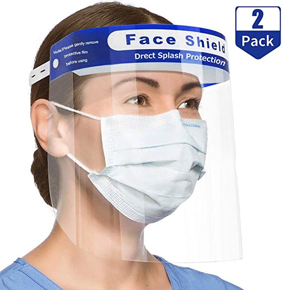 2 Pcs Safety Face Shield Reusable Full Face Transparent Breathable Visor Anti-Saliva Windproof Dustproof Hat Shield Protect Eyes and Face with Protective Clear Film Elastic Band