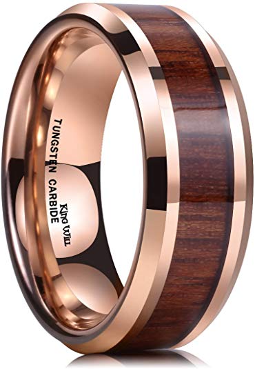 King Will Nature Koa Wood Inlay Tungsten Carbide Wedding Ring 8mm Rose Gold/Blue/Black/Silver High Polished Comfort Fit