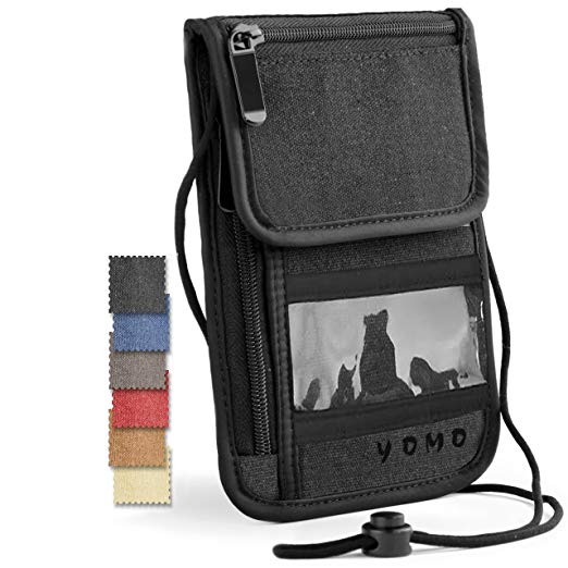 Passport Holder- by YOMO. RFID Safe. The Classic Neck Travel Wallet. (Black With Window ID-Deluxe)