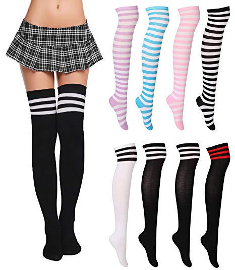 FIBO STEEL 8 Pairs Long Thigh High Socks for Women Girls Striped Knee High Leg Warmers