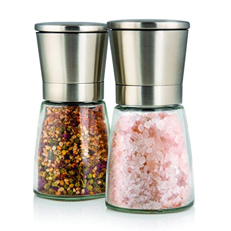 Elegant Salt and Pepper Grinder Set with Matching Stand - Stunning Glass Body with Adjustable Ceramic Grinder - Premium Pair of Salt & Peppercorn Mills - Brushed Stainless Steel Salt and Pepper Shakers