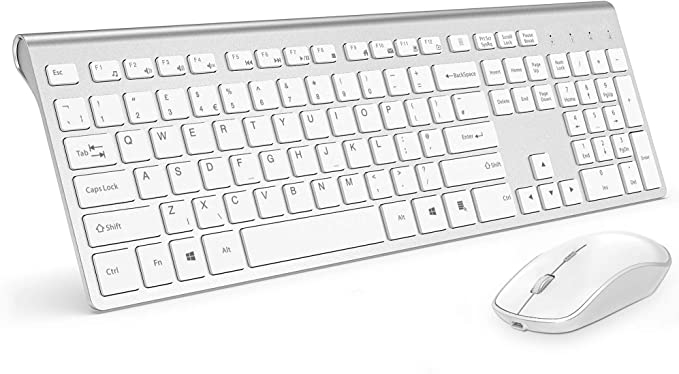 Wireless Keyboard and Mouse,J JOYACCESS Rechargeable Wireless Keyboard Mouse Combo with 500mAh Batteries,Portable Slim,Reliable 2.4Ghz,Silent Ergonomic Mouse for PC/Laptop/Smart TV/Gaming-White Silver