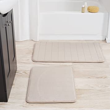 Lavish Home Set of 2 Microfiber Memory Foam Bath Mats – Plush Bathroom Rugs with Nonslip Back and Quick Drying Striped Pattern Top (Beige)