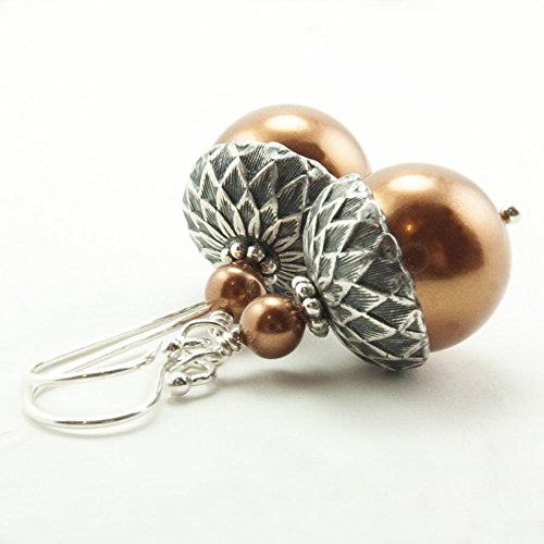 Acorn Earrings made with Copper Colored Simulated Pearls from Swarovski, Sterling Silver Earwires