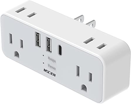 Mscien 2 Prong to 3 Prong Outlet Adapter, Multi Plug Outlet Extender with 3 USB (1 USB C), 6 Outlets Wall Charger with Hidden Plug,Travel Plug Adapter America Japan China Mexico (Type A Plug)