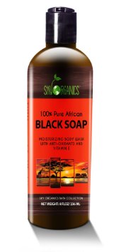 Organic African Black Soap - Raw Organic Soap Ideal for Acne, Eczema, Dry Skin, Psoriasis, Scar Removal, Face & Body Wash, Authentic Liquid Black Soap From Ghana (8oz) with Cocoa , Shea Butter & Aloe