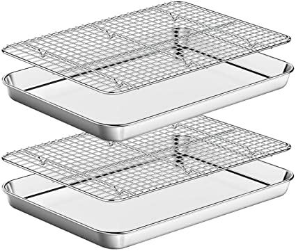 Baking Sheet with Rack Set [2 Pans   2 Racks ] HKJ Chef Stainless Steel Cookie Sheet Baking Pan Tray with Cooling Rack, Size 12.5 x 10 x 1 Inch, Non Toxic & Heavy Duty & Easy Clean